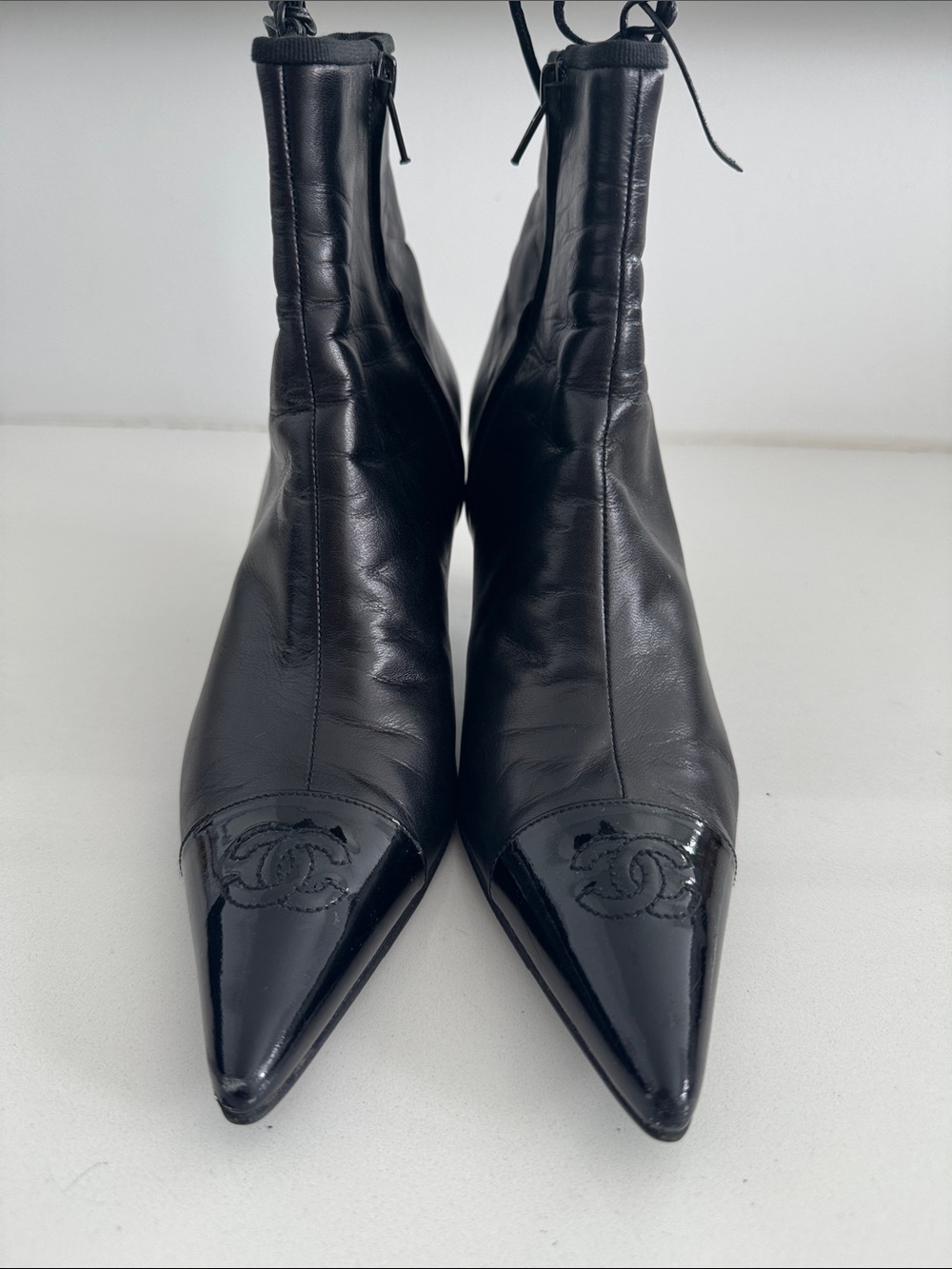 Black Leather Pointed Toe Ankle Boots with Logo Detail